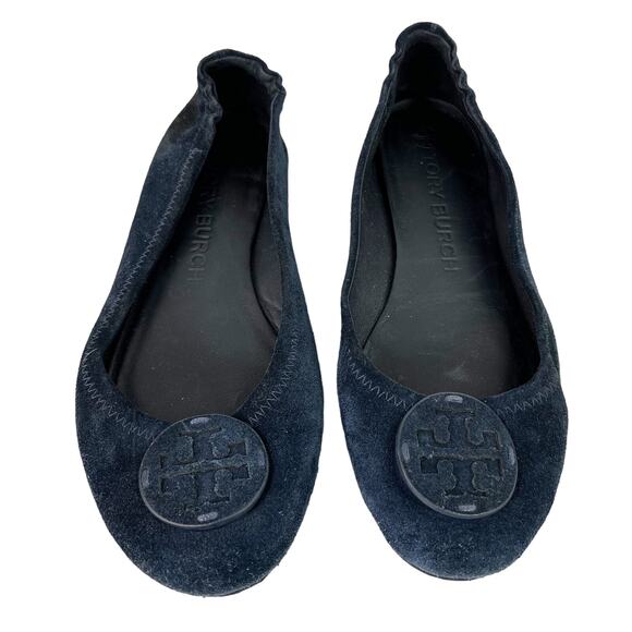 Tory Burch Minnie Suede Leather Travel Ballet Flat 7.5 Navy Blue Foldable - Picture 2 of 10